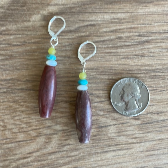 HAND CRAFTED EARRINGS Brown White Turquoise Green Natural Stones - Picture 4 of 12